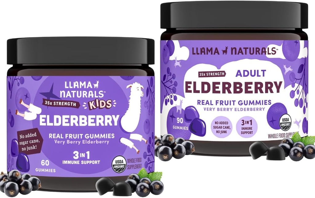 Llama Naturals Real Fruit Sambucus Elderberry Gummies for Kids & Adults 