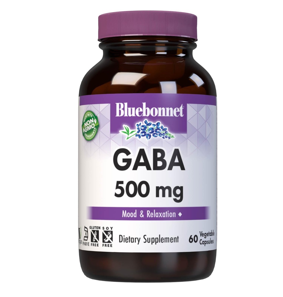 BlueBonnet Nutrition GABA 500mg, για ανακούφιση από το στρες*, υποστηρίζει χαλάρωση*, Kosher, Vegan, χωρίς γλουτένη, χωρίς σόγια, μη ΓΤΟ, 60 κάψουλες λαχανικών, 60 υπηρεσίες