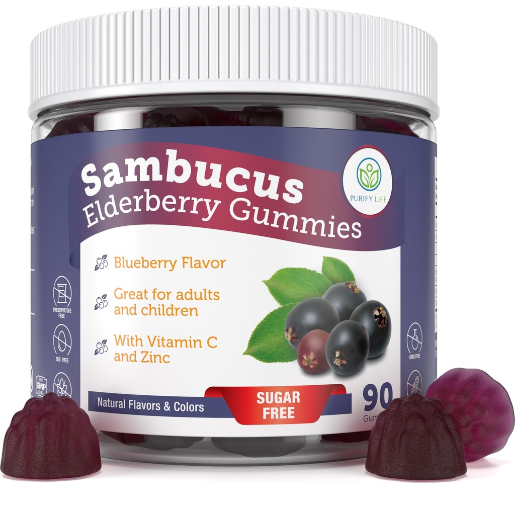 Καθαρίστε τη ζωή Gummies Elderberry χωρίς ζάχαρη με βιταμίνη C & ψευδάργυρο για ενήλικες και παιδιά, συμπλήρωμα υποστήριξης του ανοσοποιητικού για την αναπνευστική υγεία, Sambucus Elderberry Antioxidant Gummies - Vegan, 90 Count