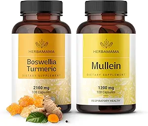 HERBAMAMA Boswellia Turmeric and Mullein Leaf Capsules - Συσκευασία των 2100 mg Boswellia Turmeric & 1200 mg Mullein Leaf Caps - Vegan, Non GMO, Gelatin-free - 2 Pack