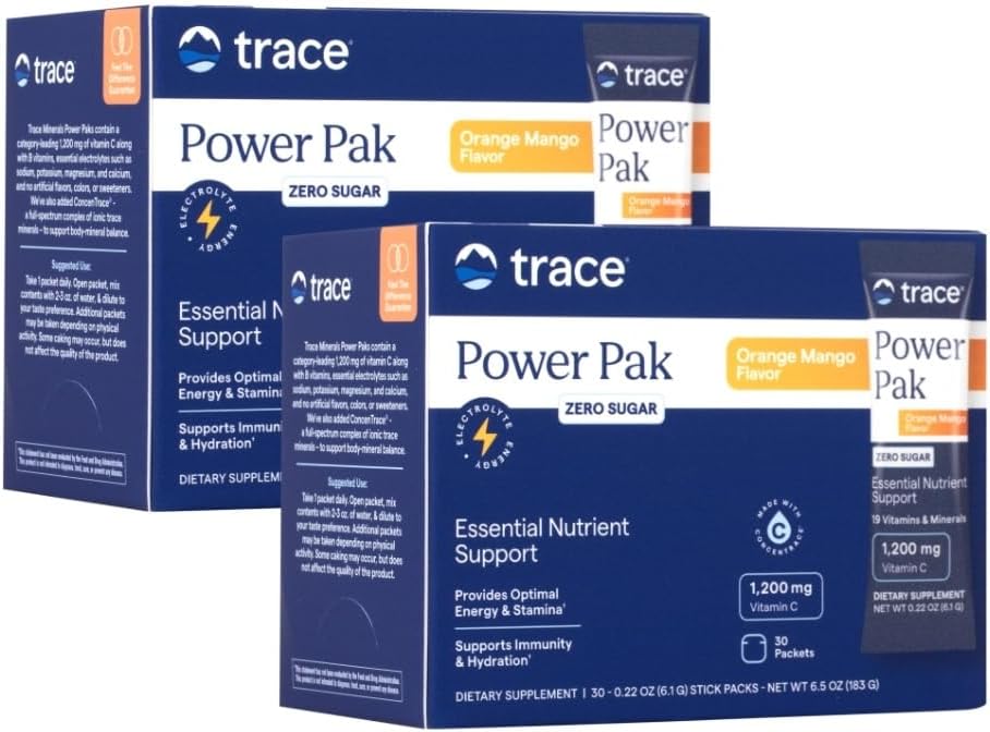 Trace Minerals Power Pak Multivitamin and Multimineral Packets - Υποστήριξη ηλεκτρολυτών - 1200 mg Βιταμίνη C συν 70+ Trace Minerals - Χωρίς ζάχαρη - Πορτοκαλί Mango Γεύση - 60 συσκευασίες