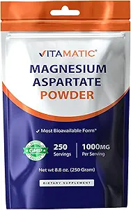 Vitamatic Magnesium Aspartate 1000mg per Serving Supports Muscle, Joint, and Heart Health 250 Grams - 250 Servings