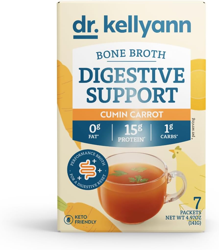 Dr. Kellyann Broth οστών + Digestive Packets σκόνης κολλαγόνου (7 σερβιρίσματα, 1 κουτί), 16g πρωτεΐνη/δόση, 100% Grass-Fed υδρολυμένη σκόνη κολλαγόνου, Keto & Παλαιό φιλικό - Cumin Carrot