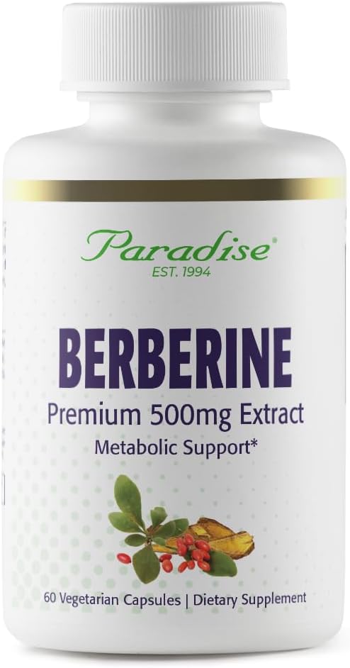 Paradise Herbs, Berberine Extract, 500 mg, Pure & Potent Berberine Supplement, Vegan, Non-GMO, Gluten Free, 60 κάψουλες χορτοφάγων