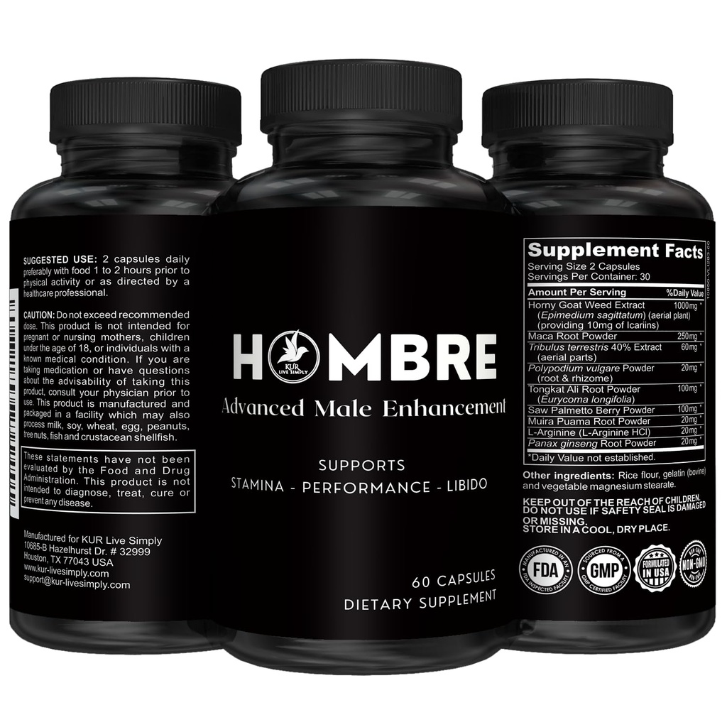 Hombre Male Enhancing Supplement – Προσθέστε 2 σε 60 ημέρες με τα χάπια διεύρυνσης για άνδρες ανάπτυξη των μυών – Αύξηση μεγέθους, δύναμης, Stamina – Αντοχή, απόδοση, ενίσχυση ενέργειας - 60 κάψουλες