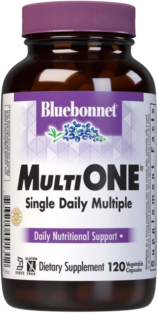 Bluebonnet Nutrition Multi One (With Iron) Φυτικές κάψουλες, πλήρες πλήρες φάσμα πολλαπλών συμπληρωμάτων βιταμίνης, Β Βιταμίνες, Γλουτένη & Γάλα δωρεάν, kosher, 4 μήνες προσφοράς, 120 Count
