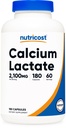 Nutricost Γαλακτικό Ασβέστιο 2,100mg; 180 Κάψουλες - Vegan, Μη ΓΤΟ και Χωρίς Γλουτένη, 60 Μερίδες