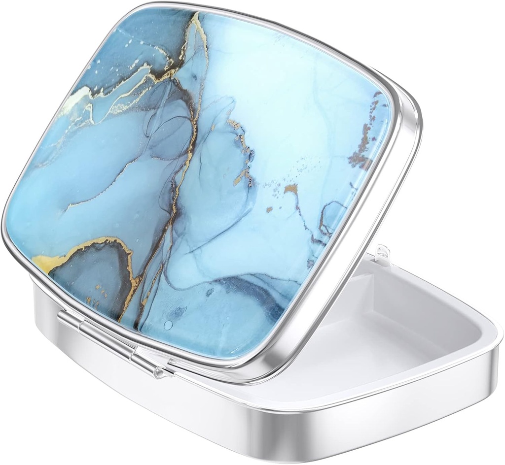 Nipichsha κουτί χαπιών, μικρή θήκη χαπιών για το πουρμπουάρ & τσέπη, χαριτωμένος οργανωτής ιατρικής Travel Pillbox, φορητός κάτοχος χαπιών για να κρατήσει βιταμίνες, φαρμακευτική αγωγή, ιχθυέλαιο και συμπλήρωμα, ελαφρύ μπλε μάρμαρο