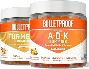 Bulletproof Vitamins A+D+K, 60 Sugar-Free Gummies, Strawberry Orange Flavor |Turmeric Sugar-Free Gummies, 60 Count, Peach Ginger