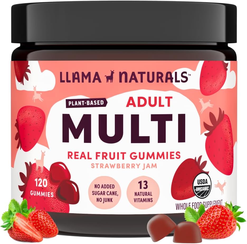 Llama Naturals Πολυβιταμίνη για γυναίκες & άνδρες, Vegan, Βιολογικά Gummies με βιταμίνη D, C & K, Ενήλικες Πραγματικές Βιταμίνες Gummy Φρούτων, Μασώμενο συμπλήρωμα πολυβιταμίνης, Δεν Προστέθηκε ζαχαροκάλαμο, Φράουλα, 120 Ct