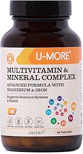 U-MORE Multivitamin & Mineral Complex, Vegan, Χωρίς ζάχαρη, Χωρίς γλουτένη, Ασβέστιο, Μαγνήσιο, Βιταμίνη Α, B1, B2, B5, B6, B12, D3, K, C, Σίδηρος, Ψευδάργυρος, Υποστηρίζει ανοσοποιητικό σύστημα & συνολική υγεία - 60 δισκία