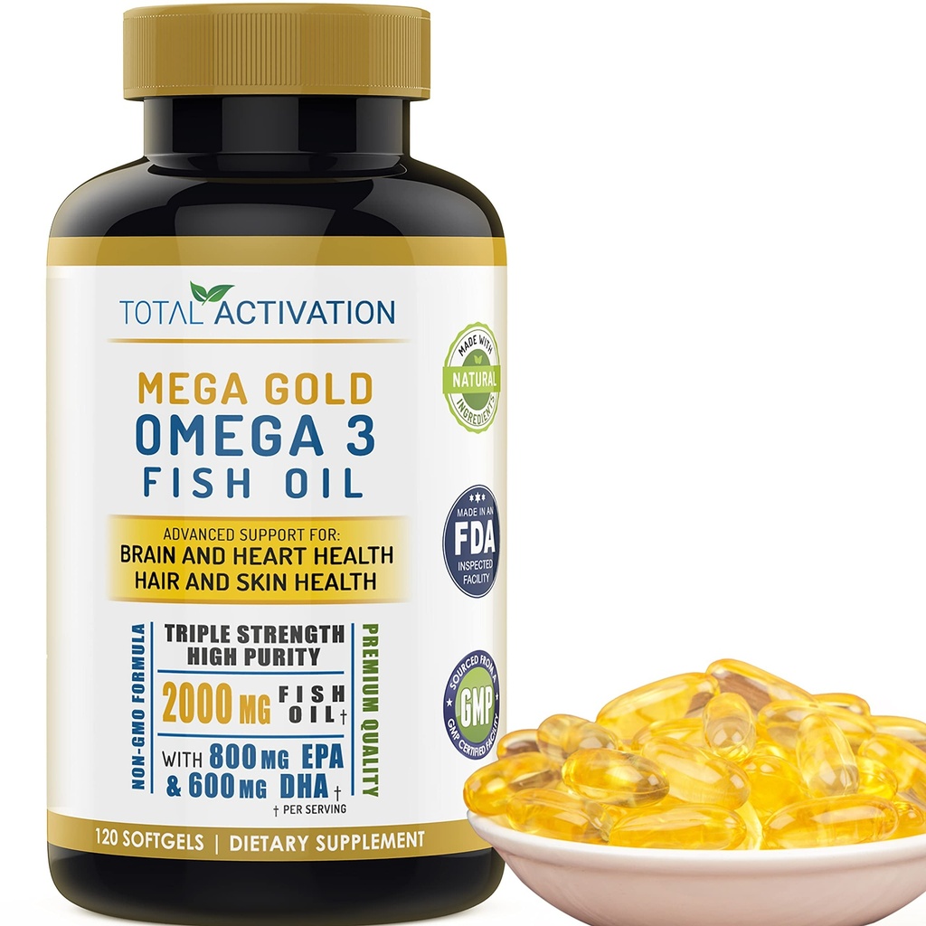 Ωμέγα 3 συμπλήρωμα ιχθυέλαιου – 2000mg με EPA DHA & βιταμίνη E – άψογο, τριπλή δύναμη Υποστήριξη για άνδρες και γυναίκες – 120 Easy Swallow Softgels