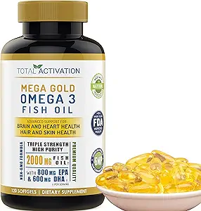 Omega 3 Fish Oil Supplement – 2000mg with EPA DHA & Vitamin E – Burpless, Triple Strength Support for Men & Women – 120 Easy Swallow Softgels