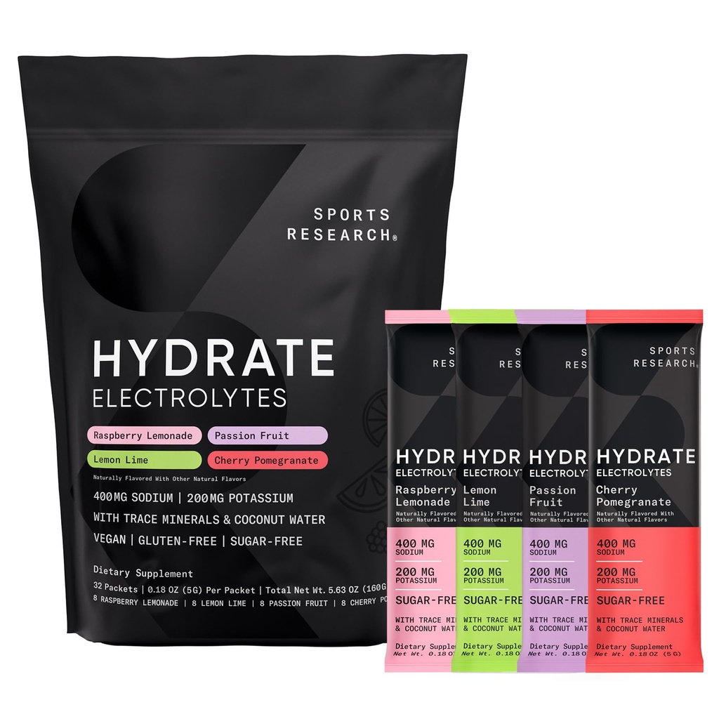 Sports Research® Hydrate Electrolytes Powder Packets - Χωρίς ζάχαρη & Φυσικά αρωματισμένο με βιταμίνες, ορυκτά και νερό καρύδας - Υποστηρίζει ενυδάτωση - 32 πακέτα - Ποικιλία Pack