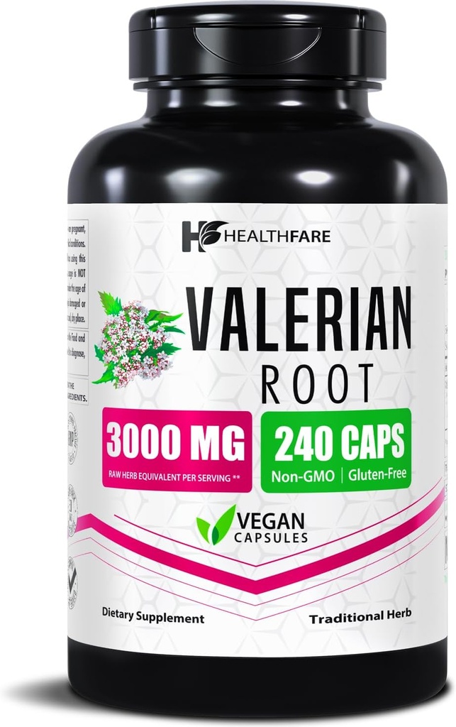 Healthfare Valerian Root Capsules | 3000mg High Potency Extract | 240 Vegan Pills | Herbal Supplement for Relaxation & Sleep Support | Non-GMO, Gluten-Free, Made in USA