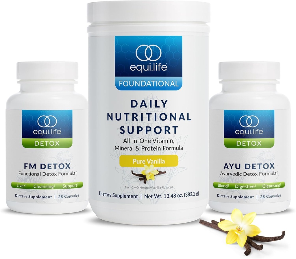 Equilife Dr. Cabral Detox, Πρόγραμμα 7 ημερών με Πρωτεΐνη με βάση το φυτό, Βιταμίνες, Αμινοξέα, & Ορυκτά για την υποστήριξη της πλήρους ισορροπίας σώματος, Αντικατάσταση γεύματος σκόνη, Vegan, Χωρίς γλουτένη, Βανίλια, 14 Μερίδες