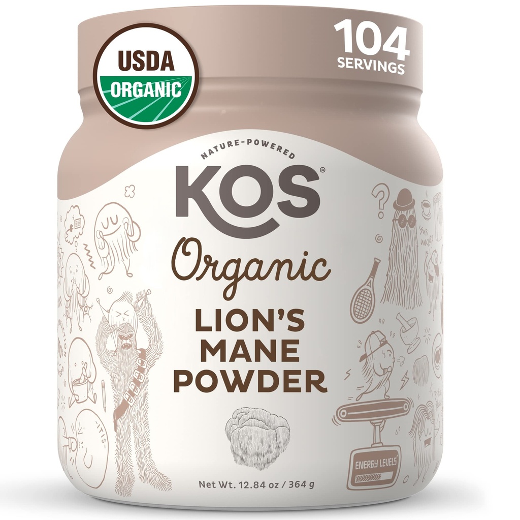 KOS Organic Lion's Mane Powder - Φυσικό Notropic Superfood - Vegan Functional Mushroom, Plant Based, USDA Certified, Non-GMO, Soy & Gluten-Free - 104 Μερίδες