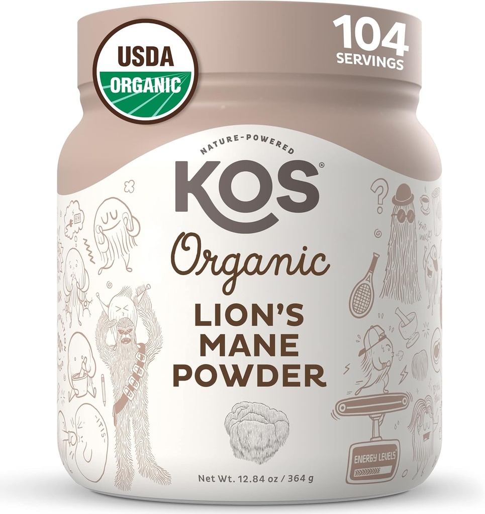 KOS Organic Lion's Mane Powder - Φυσικό Notropic Superfood - Vegan Functional Mushroom, Plant Based, USDA Certified, Non-GMO, Soy & Gluten-Free - 104 Μερίδες