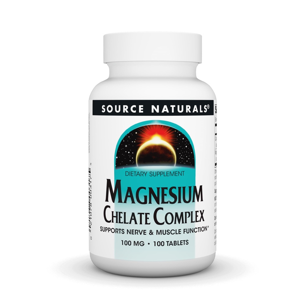 Source Naturals Συγκρότημα χημικού μαγνησίου, υποστηρίζει νευρική & μυϊκή λειτουργία *, 100 mg - 100 δισκία