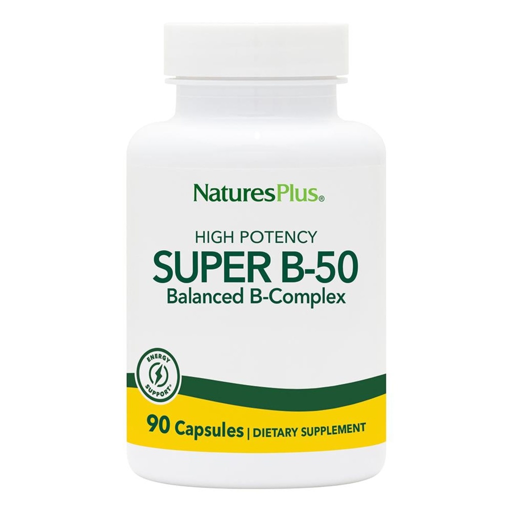 Natures Plus Super B50-90 Κάψουλες χορτοφαγικής - Υψηλής ισχύος συμπλήρωμα βιταμίνης Β - Εγκέφαλος & Ενέργειες Booster - Χωρίς γλουτένη - 90 Σερβιέτες
