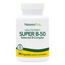 Natures Plus Super B50-90 Κάψουλες χορτοφαγικής - Υψηλής ισχύος συμπλήρωμα βιταμίνης Β - Εγκέφαλος & Ενέργειες Booster - Χωρίς γλουτένη - 90 Σερβιέτες