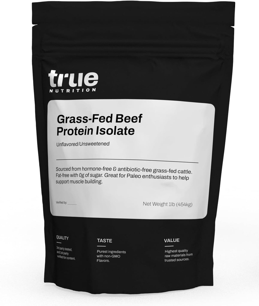 True Nutrition Grass Fed Beef Protein Powder Isolate - 29g Paleo, Keto, Carnivore Beef Protein per Serving - Zero Carb, Fat and Glutten Free, Χωρίς γαλακτοκομικά, Χωρίς σόγια - Χωρίς γλυκαντικά / Χωρίς γεύση - 1LB