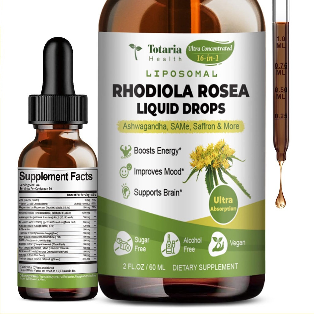 Τοταρία 16-σε-1 Λιποσωμική Ροδιόλη Roseέα Βάμμα, Ultra Strength Rhodiola Supplement w/Ashwagandha, Saffron, Magnesium, SAM-e, Rhodiola Rosea Extract Υγρές σταγόνες για φυσική χαλάρωση, Mood, Energy