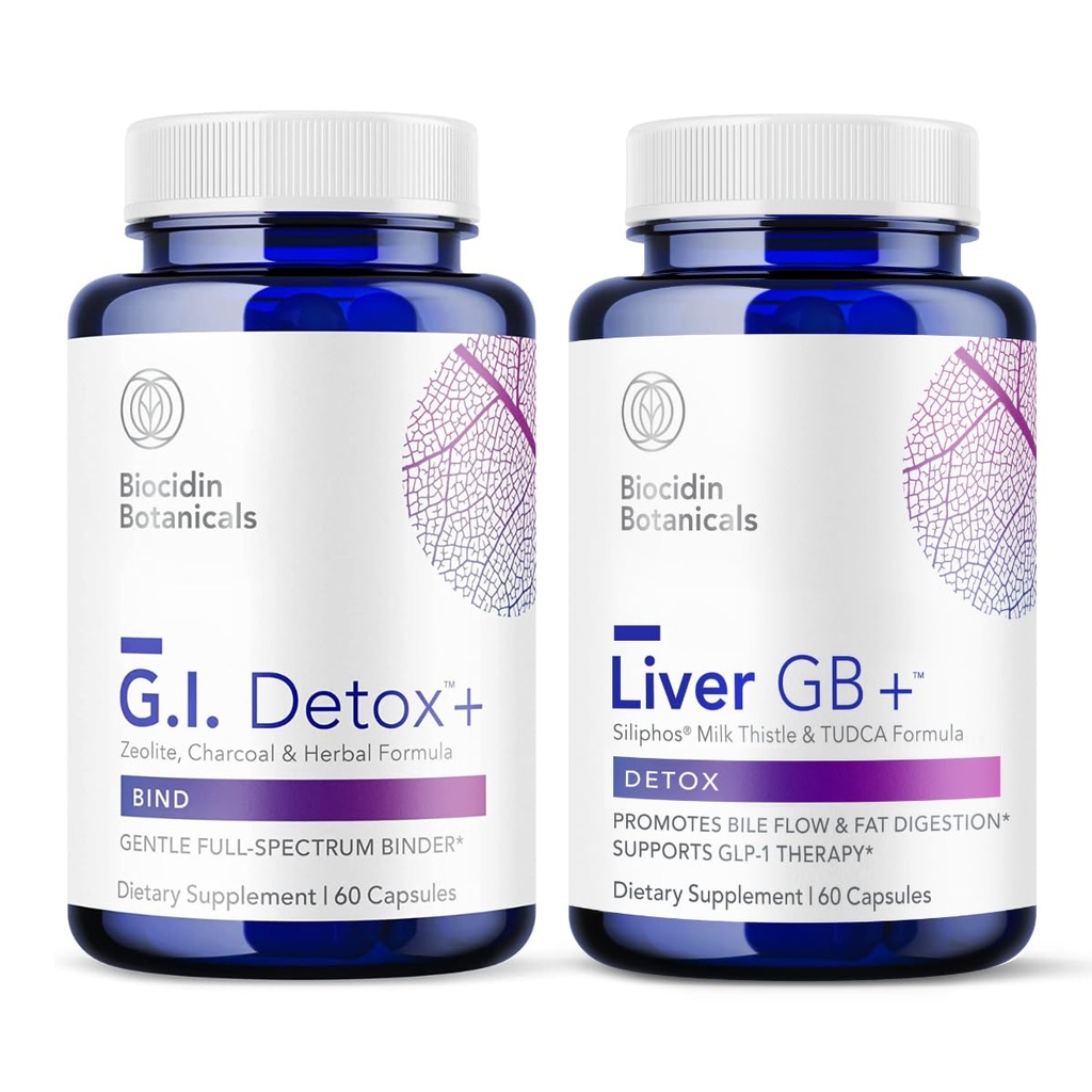 Biocidin G.I. Detox+ Gentle Binder & Liver GB+ Gallbladder Liver Support - Βοήθεια Βελτιστοποίηση Απομάκρυνσης Τοξίνης & Λιποθυμίας - Ενεργοποιημένο Ανθρακό, ζεόλιθος, TUDCA & Bitter Herbs (2 Προϊόντα)