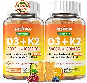 Βιταμίνη D3 K2 Gummies 5000IU / 10.000 IU με Omega-3 250mg + K2(MK-7) 100mcg - 5X Απορρόφηση από την τυπική D3K2, με βιταμίνη C, ψευδάργυρο, και 5 βιολογικά λαχανικά, Υποστηρίγματα Οστική & Δόντια Δύναμη, Ανοσοποιητικό
