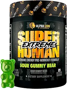 ALPHA LION Superhuman Extreme High Stim Pre Workout Powder, Beta Alanine, L-Taurine & 356mg Tri-Πηγή καφεΐνη για Παρατεταμένη Ενέργεια, Nitric Oxide & Κιτρουλίνη για Αντλία (21 Σερβίρισμα, Αρκούδο Sour Gummy)