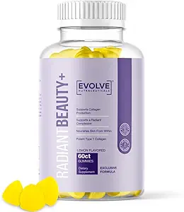 Radiant Beauty+ 200mg Hydrolyzed Collagen Gummy, Hair Skin and Nails, Biotin 2500mcg, Vitamin C, Vitamin E, Lemon Drop Flavor, 60 Count
