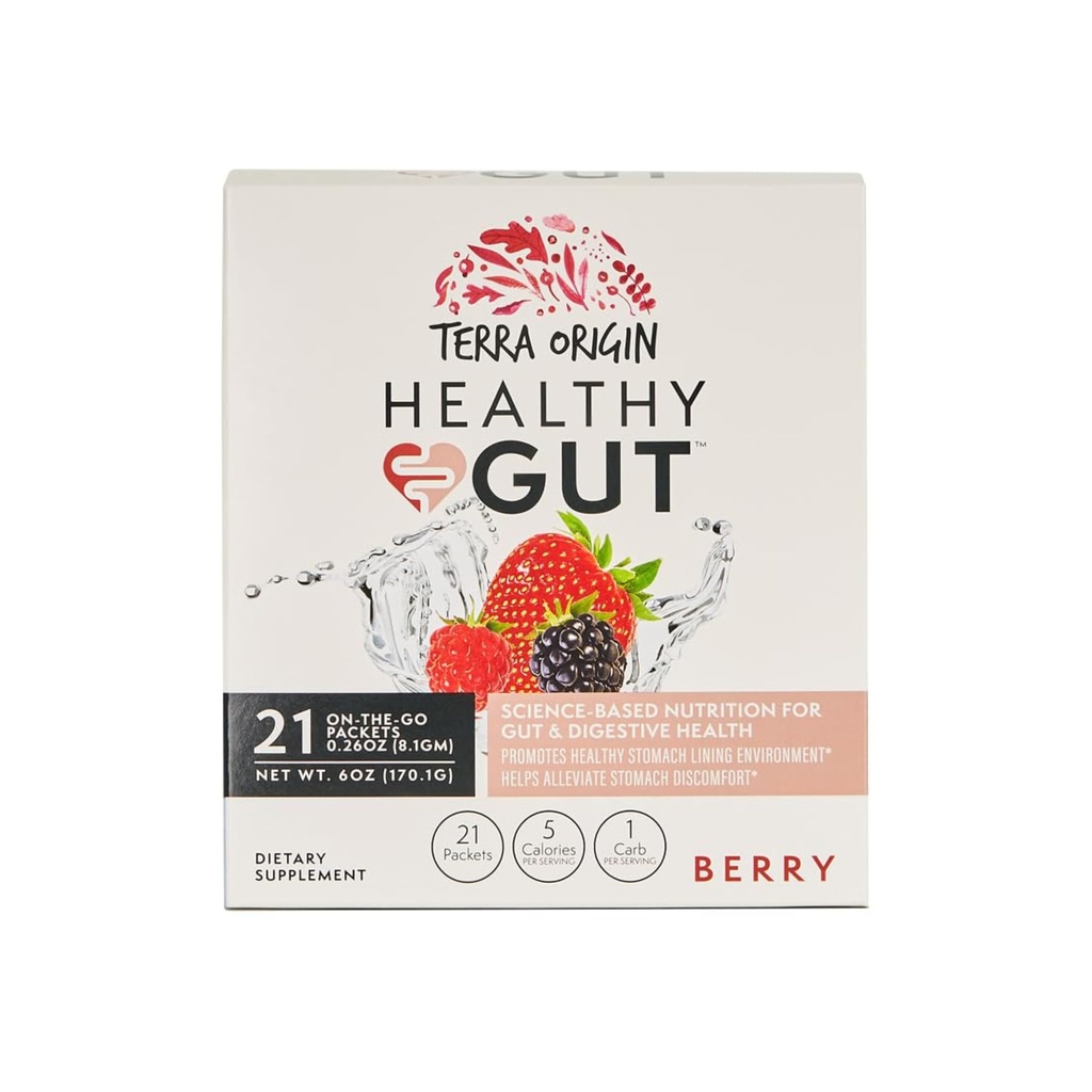 TERRA Origin Healthy Gut Stick Packs, L-Glutamine, Slippery Elm, Aloe Vera, Licorice Root Extract, Gut Health, Digestive Support, Επισκευή Λεπτών Στολών, Ανοσολογική λειτουργία, On-The-Go, 21 Ct, Berry