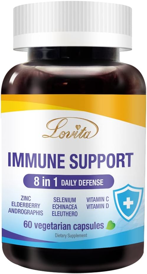 Lovita Immune Support 8 in 1, Elderberry with Zinc and Vitamin C, Vitamin D, Selenium & Echinacea, Andrographis, Siberian Ginseng - συμπλήρωμα ενισχυτή ανοσοποιητικών, 60 κάψουλες χορτοφάγων
