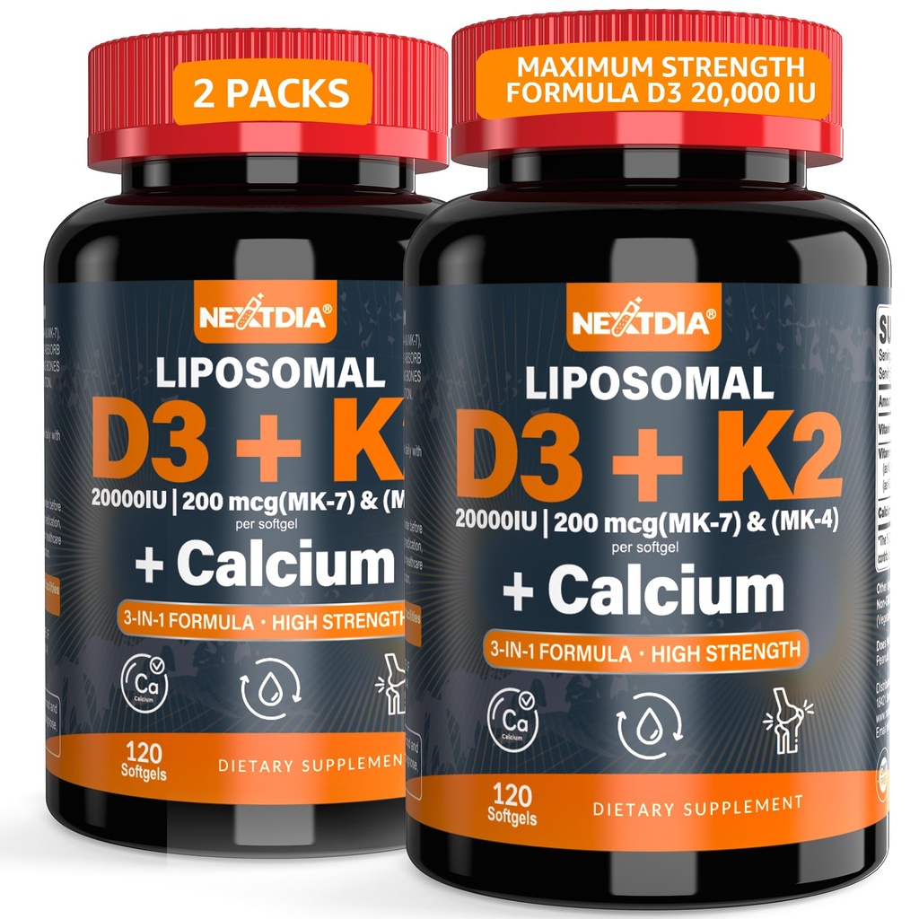 Βιταμίνη D3 20.000 IU + K2 Βιταμίνη (MK4 & MK7) 200mcg + Κιτρικό ασβέστιο, Βέλτιστη Βιταμίνη D3 K2 Softgel - Ισχυρό Οστό & Μύες, Απορρόφηση ασβεστίου, Βοηθώντας Ανεπάρκειες Βιταμίνης D, Εύκολο στην Κατάποση, 2Pack