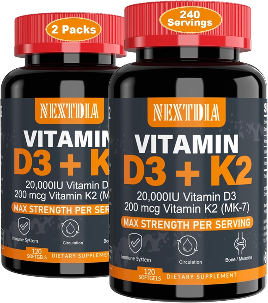 Βιταμίνη D3 20.000 IU + K2(MK7) 200mcg-Optimal Vitamin D3 & K2-Support Strong Οστά & Μύες, Απορρόφηση ασβεστίου & Ανοσοποιητική Υγεία, Βοηθώντας Ανεπάρκειες Βιταμίνης D, Εύκολο στην Κατάποση, (Pack of 2)