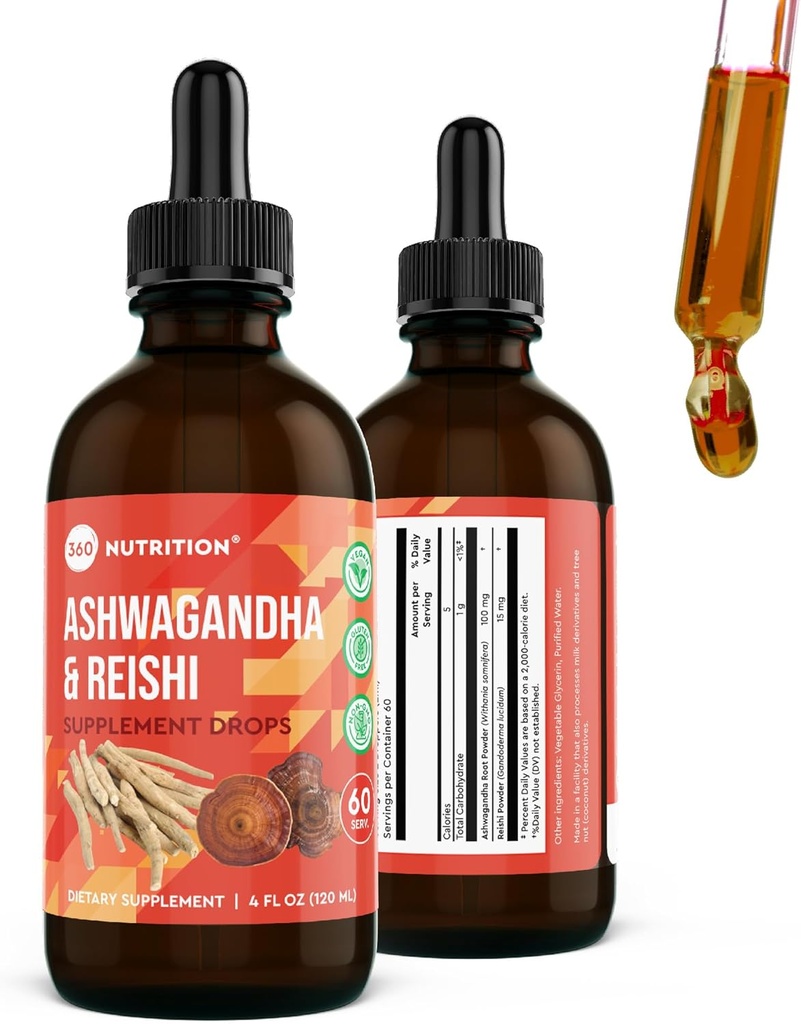 360 Nutrition Ashwagandha & Reishi Root Supplement Drops for Stress Relief, Stamina & Longevity, and Energy Support - Vegan Non-GMO Adaptogenic - 4 fl oz, 60 εξυπηρετήσεις