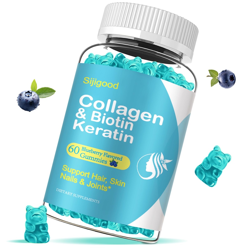 Biotin Gummies με κολλαγόνο, κερατίνη, υαλουρονικό οξύ, βιταμίνη για το δέρμα, την ανάπτυξη των μαλλιών, νύχια, γυναίκες άνδρες ενήλικες παιδιά - 60 gummies με γεύση βατόμουρο