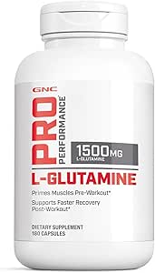 GNC Pro Performance L-Glutamine 1500mg, Amino Acid Supplement, Supports Muscle Recovery & Function, Fuels Immune System, Plays Key Role in Protein Synthesis, Unflavored, Gluten Free, 180 Capsules