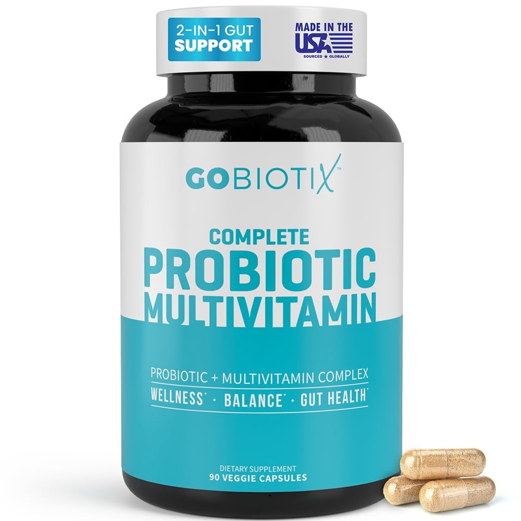 GOBIOTIX Πολυβιταμίνη με προβιοτικά και Digestive Ένζυμα - 25 δισεκατομμύρια CFU - Digestive Health, Probiotics για γυναίκες και άνδρες - Χάπια χωρίς γλουτένη - 90 κάψουλες