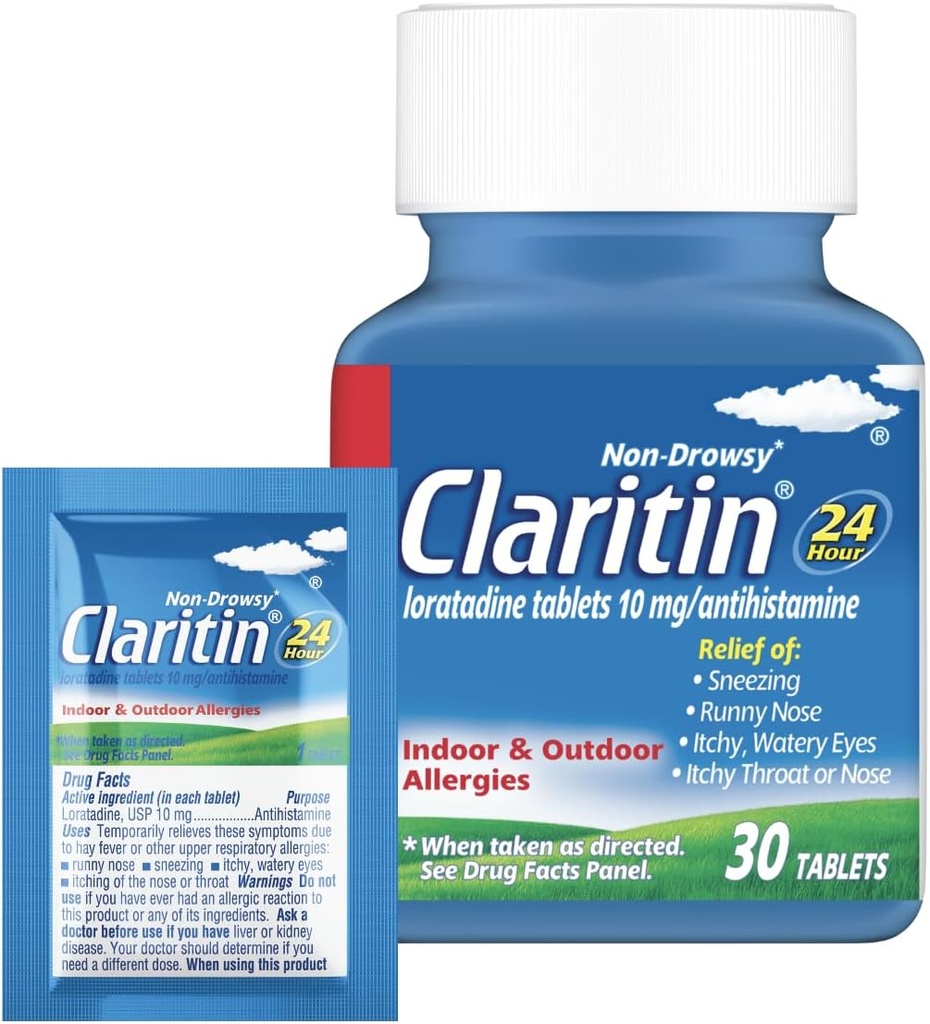 Claritin Αλλεργία Ιατρική για ενήλικες, 24ωρη μη- υπνηλία Λοραταδίνη 10mg Χάπια, Αντιισταμινικά, 30 δισκία + 1ct On- The- Go Relief