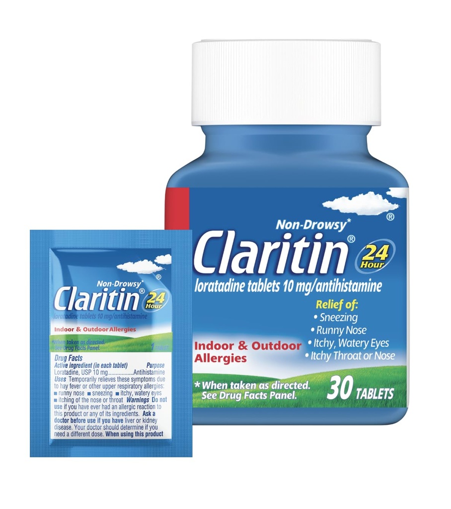 Claritin Αλλεργία Ιατρική για ενήλικες, 24ωρη μη- υπνηλία Λοραταδίνη 10mg Χάπια, Αντιισταμινικά, 30 δισκία + 1ct On- The- Go Relief