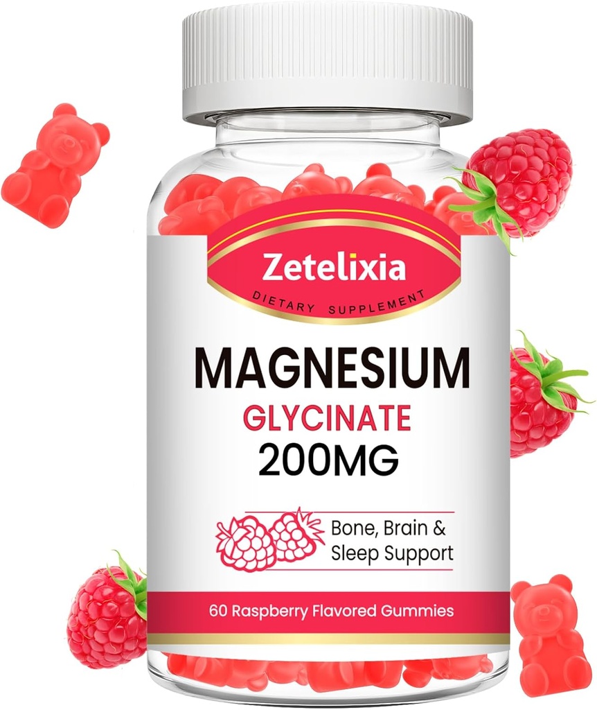 Γλυκινικό μαγνήσιο Glycinate Gummies, Υψηλής Απορρόφησης Συμπληρώματα Γλυκινικού Μαγνησίου για χαλάρωση, Μάσημα σμέουρων για ενήλικες και παιδιά, 60 Count