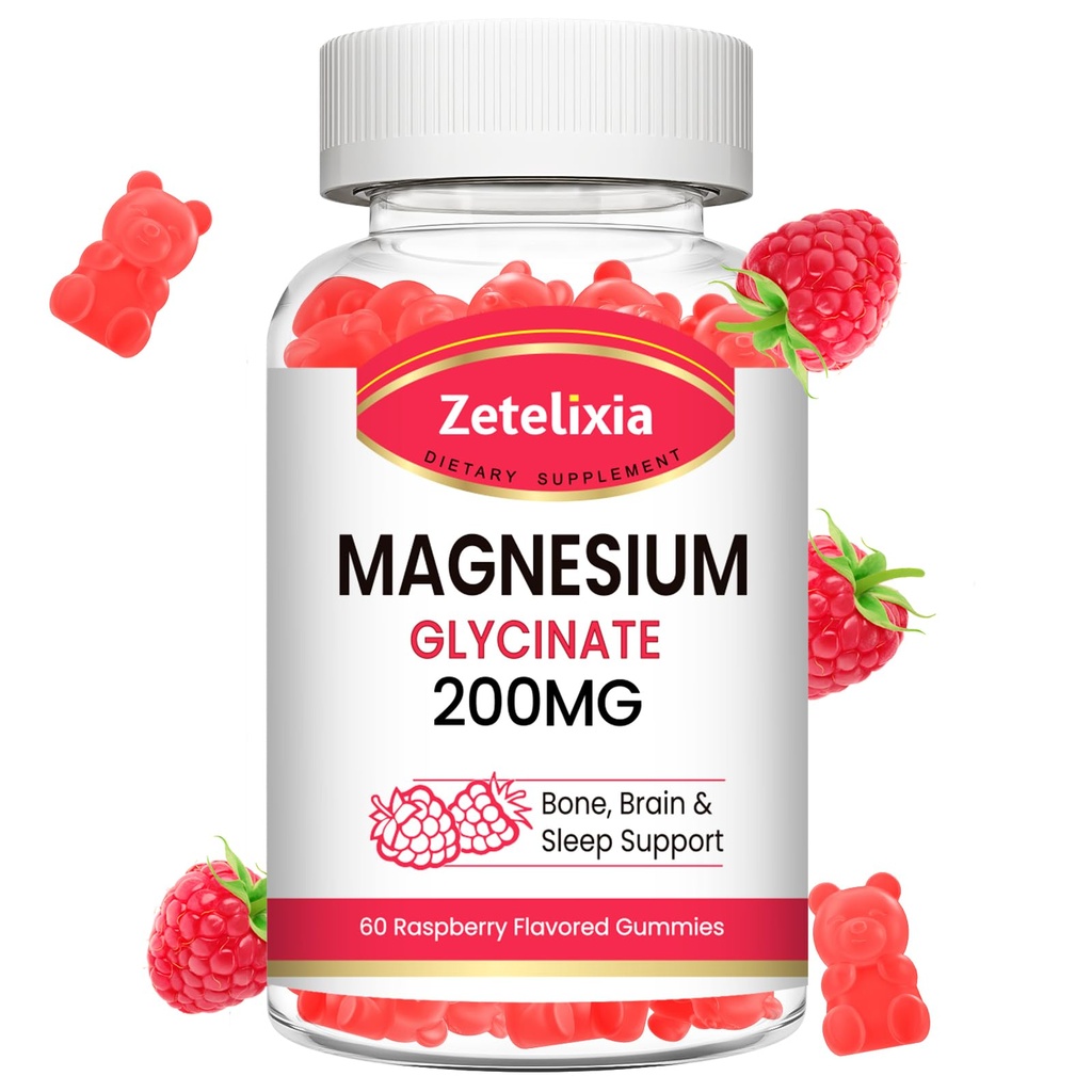 Γλυκινικό μαγνήσιο Glycinate Gummies, Υψηλής Απορρόφησης Συμπληρώματα Γλυκινικού Μαγνησίου για χαλάρωση, Μάσημα σμέουρων για ενήλικες και παιδιά, 60 Count