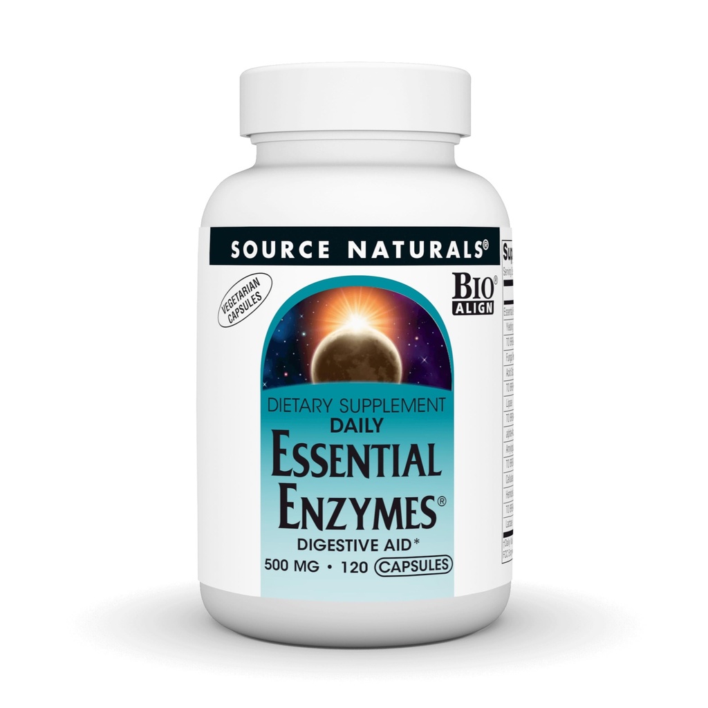 Source Naturals Essential Enzymes 500mg Bio-Aligned Multiple Enzyme Supplement Herbal Defense for Digestion, Gas, Constipation & Bloating Relief - Supports Immune System* - 120 Vegetarian Capsules