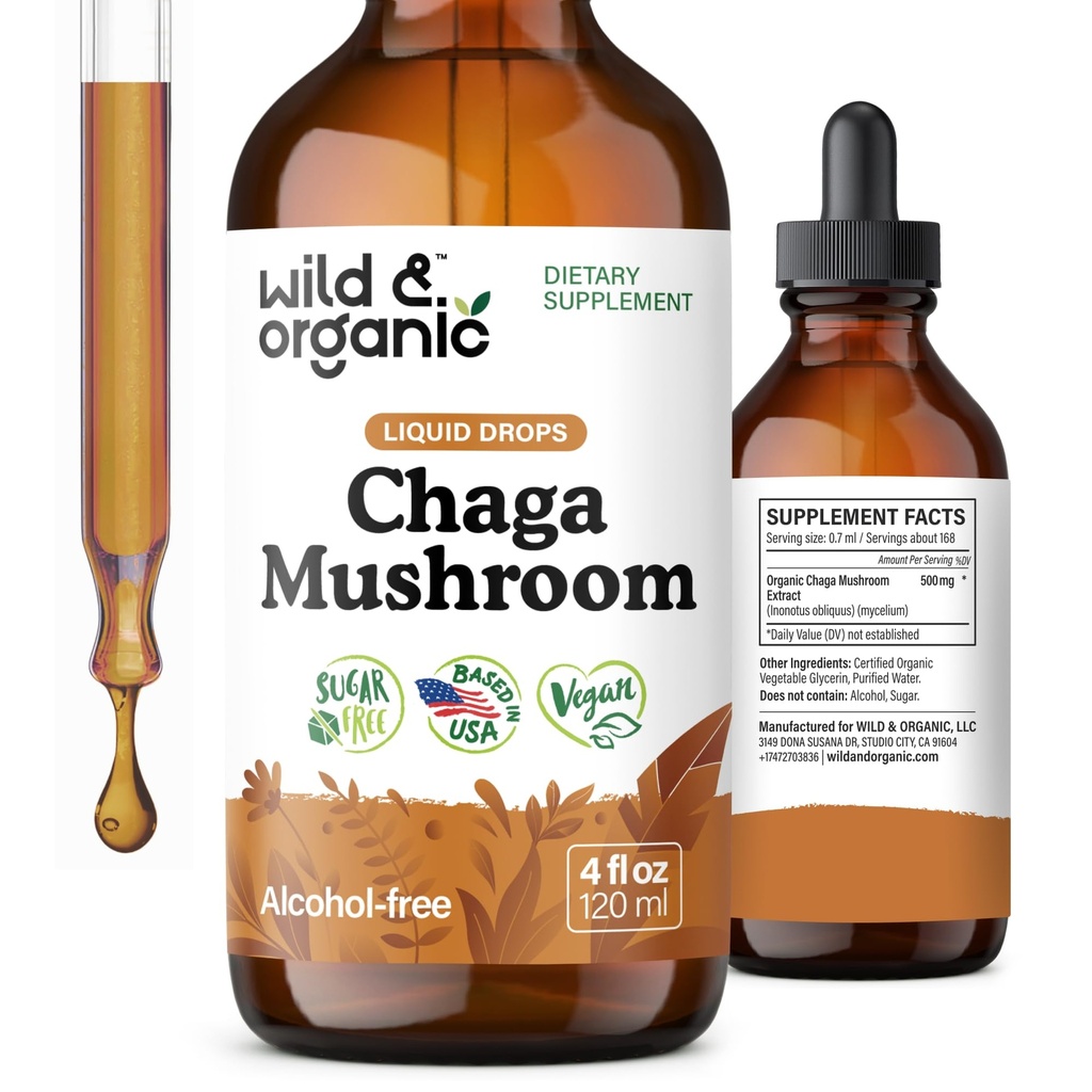 Wild & Organic Chaga Mushroom Drops - Ανοσοποιητική Υποστήριξη με εκχύλισμα Chaga - Συμπλήρωμα Υγρού Μανιταριών για Ανοσία - Vegan, Ζάχαρη & Αλκοόλ-ελεύθερο Βάμμα - 4 fl oz