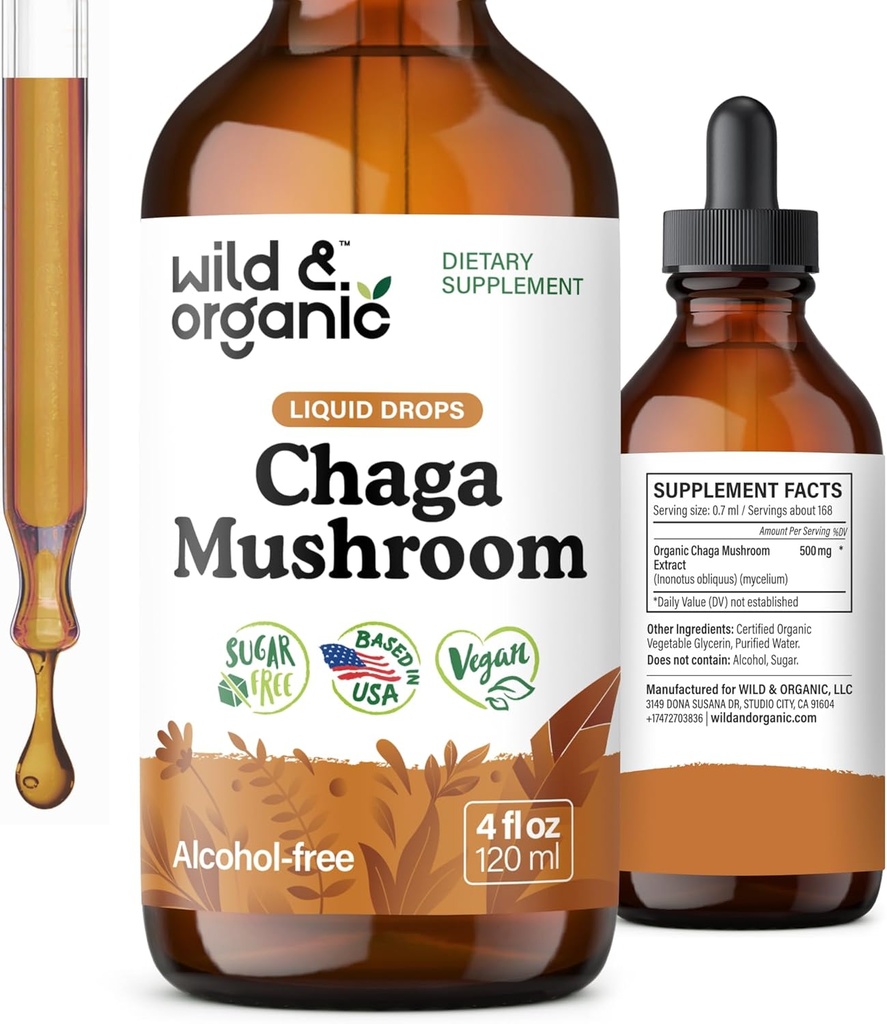 Wild & Organic Chaga Mushroom Drops - Ανοσοποιητική Υποστήριξη με εκχύλισμα Chaga - Συμπλήρωμα Υγρού Μανιταριών για Ανοσία - Vegan, Ζάχαρη & Αλκοόλ-ελεύθερο Βάμμα - 4 fl oz