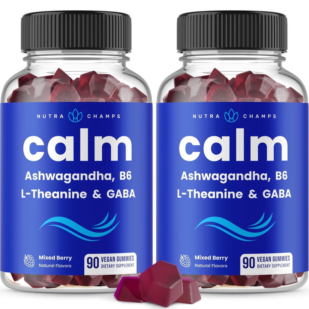 NutraChamps Calm Gummies, Strress Gummies συμπλήρωμα με Ashwagandha, L-Θεανίνη, GABA, Βιταμίνη B6 & Λέμον Balm, 90 Gummies (Pack of 2)