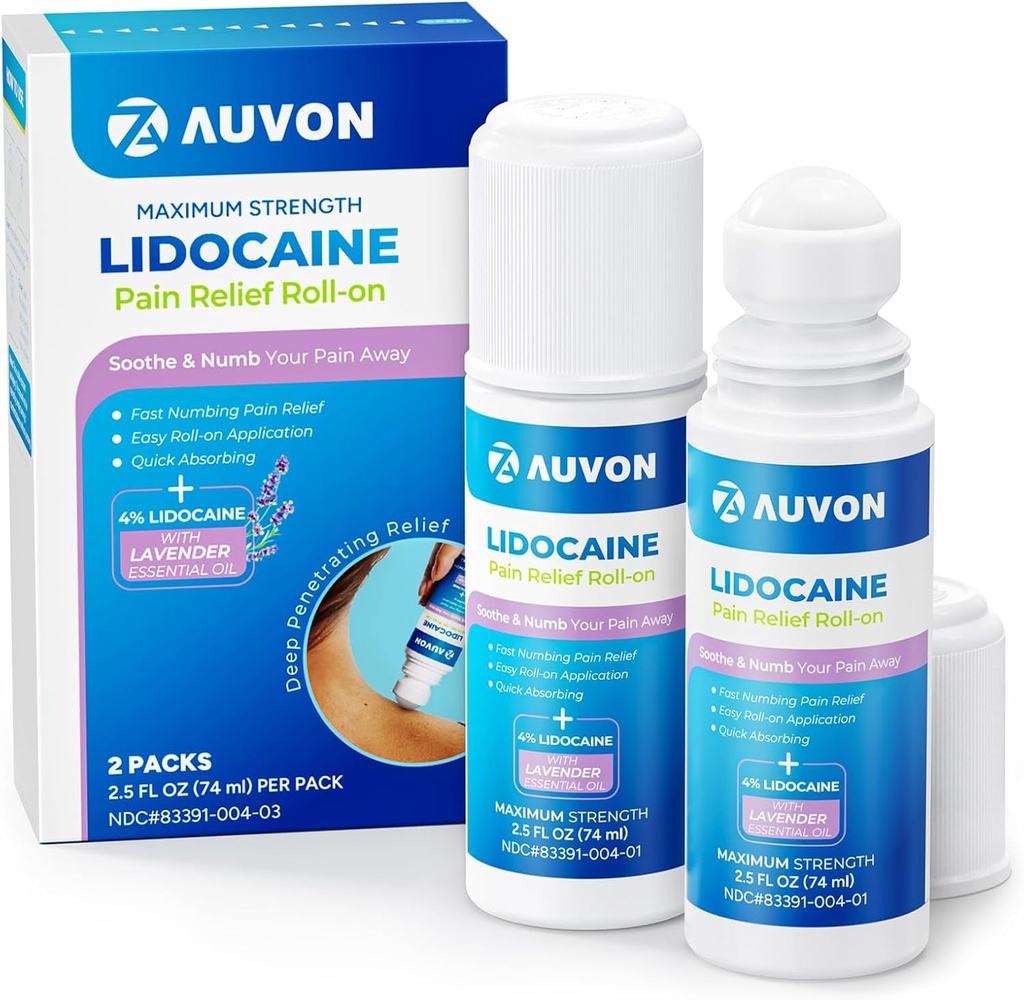 AUVON Max Δύναμη Lidocaeine Pain Relief Roll-On with Lavender Essential Oil, No Mess Applicator, Quick Absorbing to Numb & Soothe Pain Relief for Knees, Shoulders, FSA/HSA Επιλέξιμες, 2.5 OZ, 2 συσκευασίες