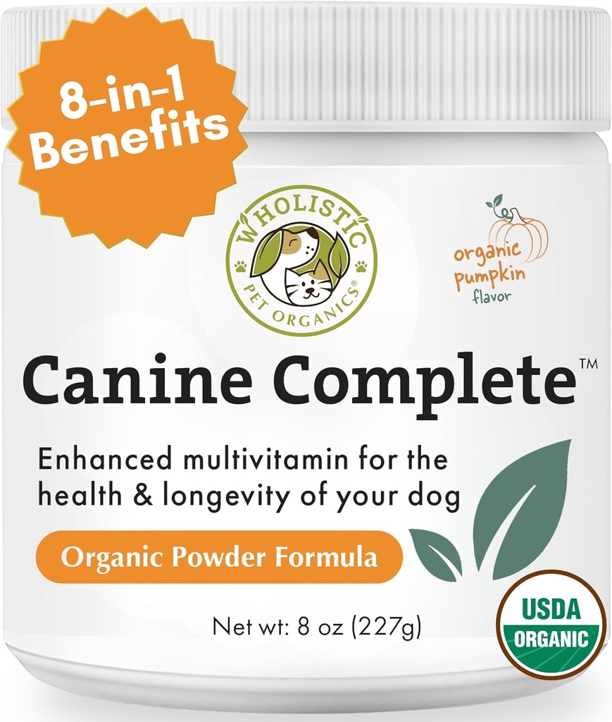 Wholistic Organics Pet Canine Complete - Σκύλος Multivitamin Powder - 8 Oz - Daily Dog Βιταμίνες και Συμπληρώματα για Σπιτικά Τρόφιμα - ανοσοποιητικό σύστημα, δέρμα, παλτό & Γενική Υγεία - Μικρή και Μεγάλη Φυλή