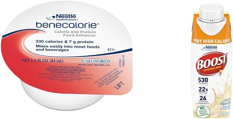 Benecalorie Calorie and Protein Enhancer - Χωρίς γεύση (330 θερμίδες, 7g πρωτεΐνη) - 1,5 fl oz Cups & Boost Πολύ υψηλή θερμίδα Vanilla Διατροφικό ποτό – 22g πρωτεΐνη, 530 θρεπτικά πλούσια θερμίδες, 8 Fl Oz